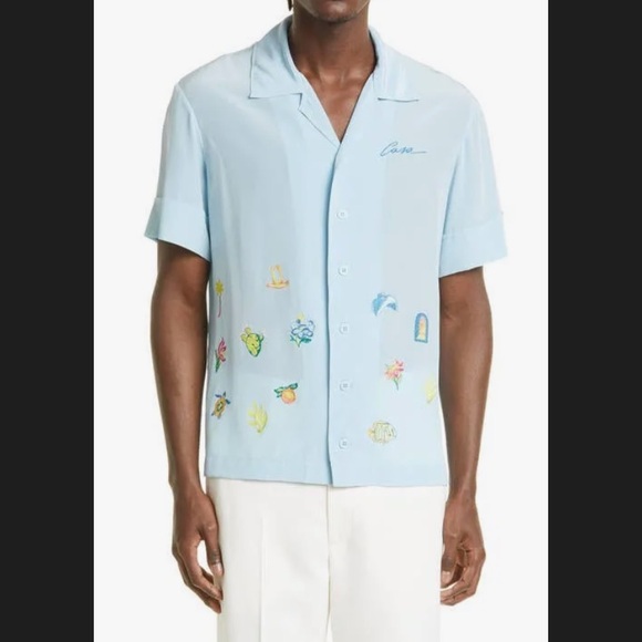 NEW‼️ CASABLANCA EMBROIDERED LOGO SHORT SLEEVE SHIRT LIGHT BLUE - Picture 11 of 11